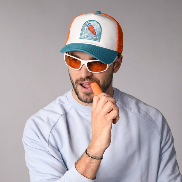Don't Carrot Trucker Cap by Sand and Camels - model wearing the cap