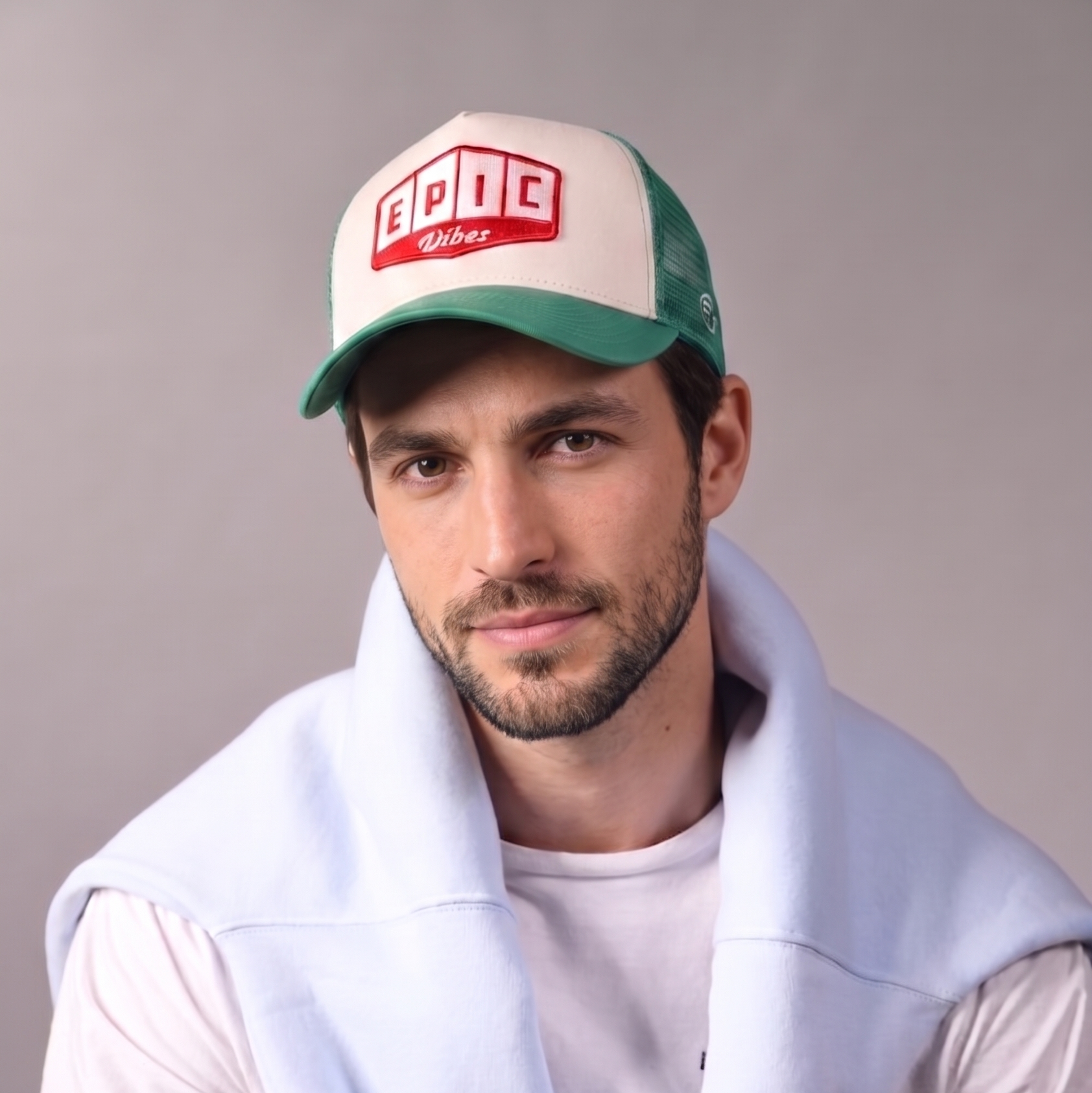 Epic Vibes Trucker Cap by Sand and Camels - model wearing the cap