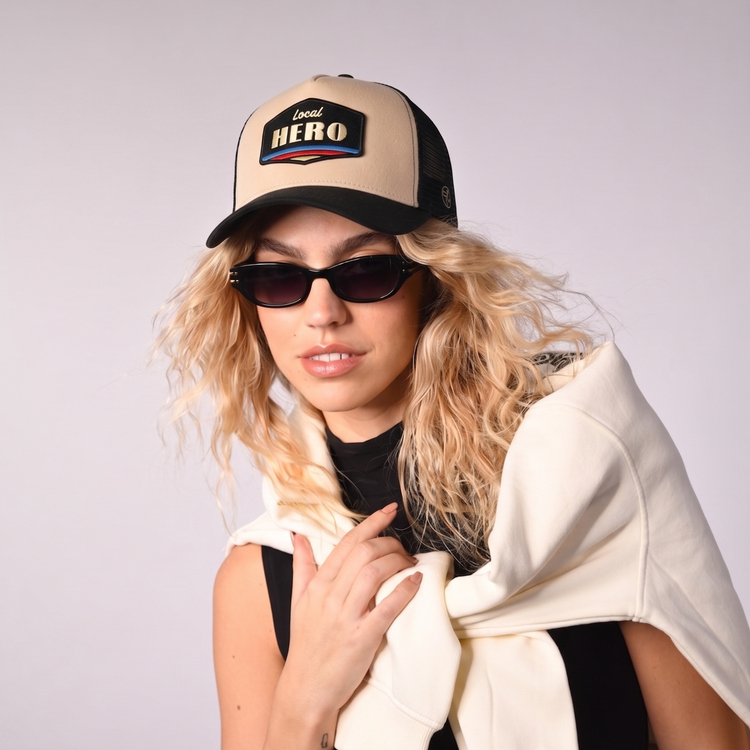 Local Hero Trucker Cap by Sand and Camels - model wearing the cap