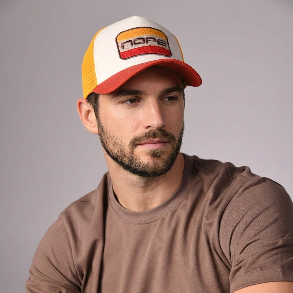 Nope Trucker Cap by Sand and Camels - model wearing the cap